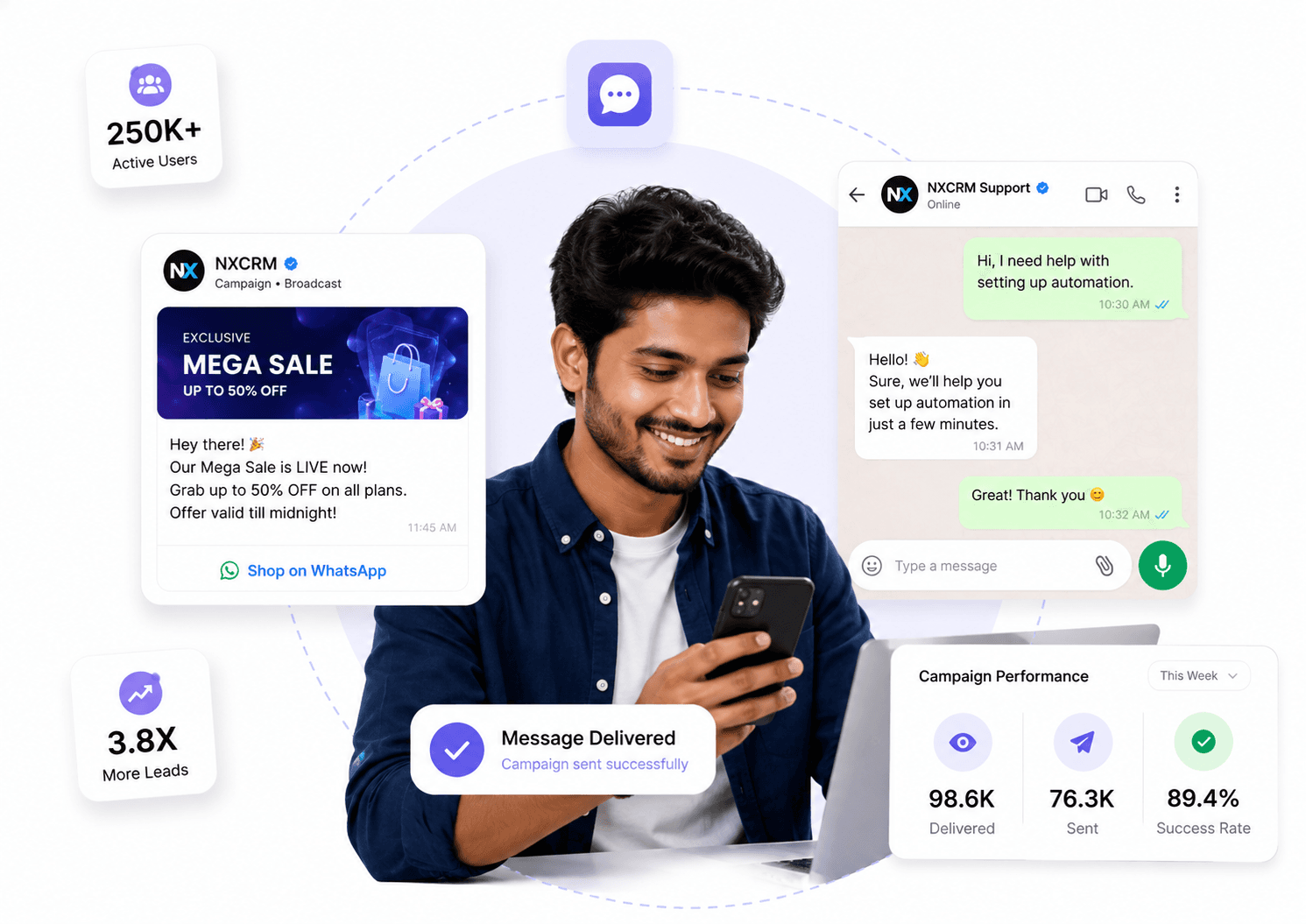 WhatsApp CRM Conversations and Broadcast interface
